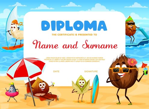 Kids diploma. Cheerful nut characters on summer beach party. Competition winner diploma, kids award or education vector certificate with cashew, sunflower and chestnut, pistachio, coconut personages