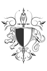 Black white coat of arms with a lion, an elephant, an owl, a bee and a shield.
