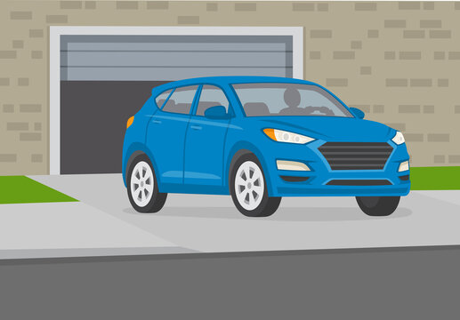 Driving A Car. Perspective Front View Of A Blue Suv Car Leaving The Garage. Car On Driveway. Flat Vector Illustration Template.