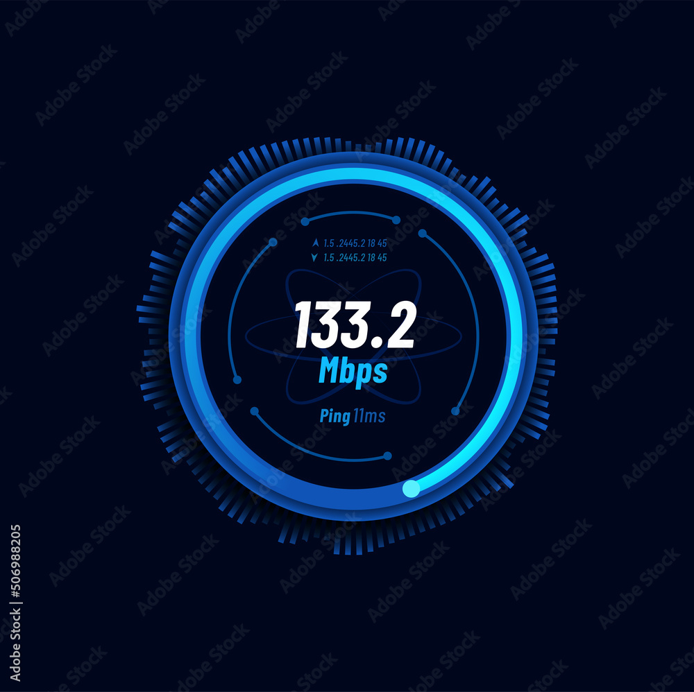 Aufkleber Futuristic internet speed meter dial, network connection fast test, vector website speedometer. Interned high speed download meter or web server mbps upload and ping gauge with blue neon glow