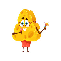 Cartoon cheese personage eating ice cream, vector food character for kids. Funny cheese piece or lump with holes in glasses with cocktail drink eating ice cream dessert in summer vacations