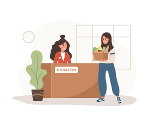 Food donation. Arabic woman with cardboard box full of different products. Food fund or help center for poor people. Volunteering and social care concept. Vector illustration in flat cartoon style.