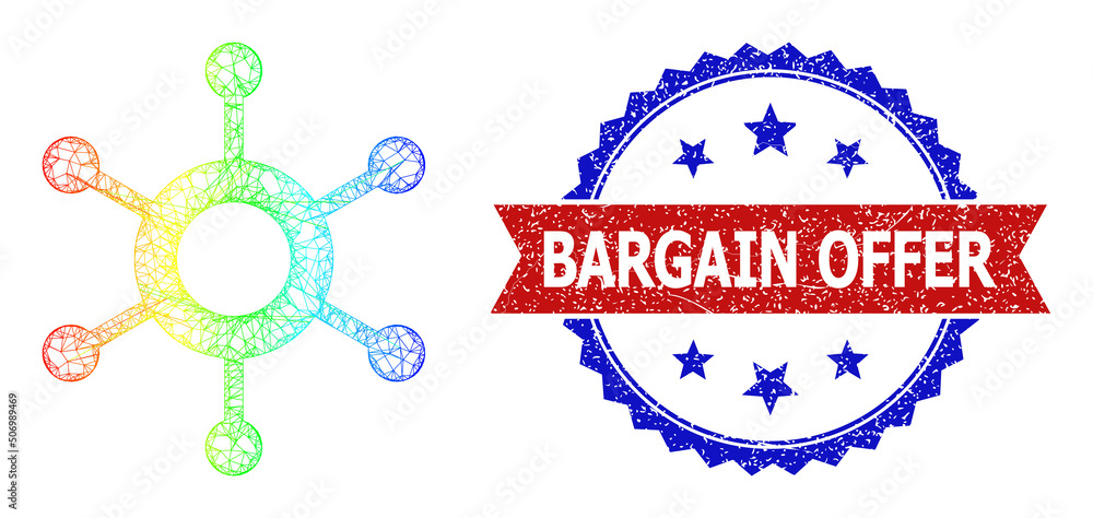 Poster net mesh central connection frame icon with spectrum gradient, and bicolor unclean bargain offer sea