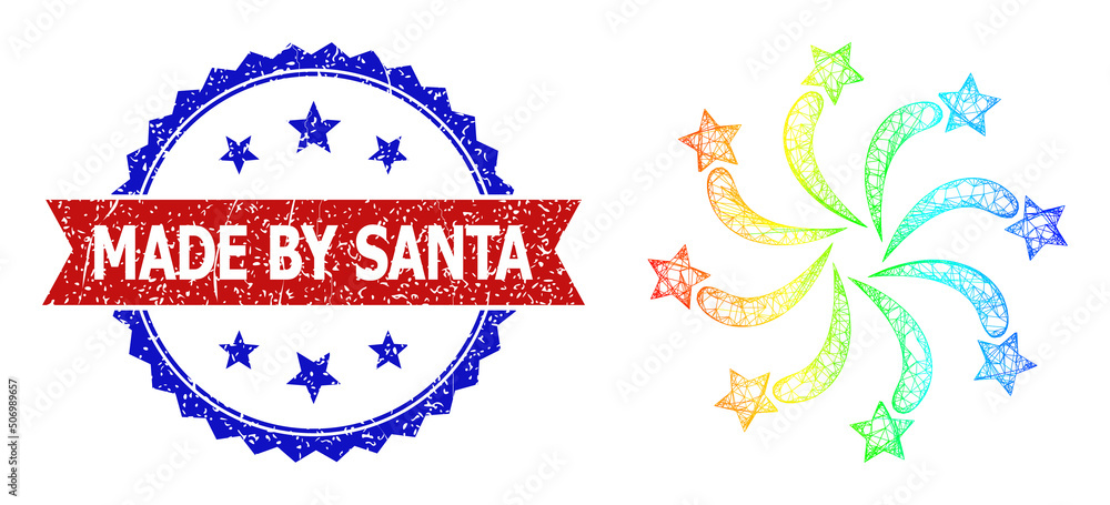 Poster crossing mesh fireworks framework icon with spectrum gradient, and bicolor dirty made by santa stamp