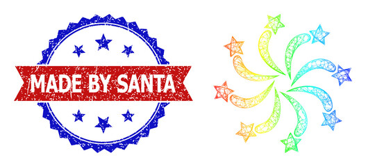 Crossing mesh fireworks framework icon with spectrum gradient, and bicolor dirty Made by Santa stamp. Red stamp seal has Made by Santa text inside blue rosette. Colored frame network fireworks icon.