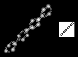 Bright mesh chain constellation icon with lightspots. Illuminated vector constellation is created from chain glyph. Sparkle frame mesh chain on a black background.