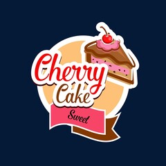 Cherry cake sweet food vector icon with fruit dessert of bakery and pastry shop. Slice of layered chocolate cake with whipped cream and cocoa powder, topped with candied cherry isolated round icon