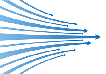 青いグラデーションの右向きのカーブした矢印のイラスト/白背景
