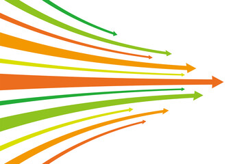緑とオレンジの鮮やかな右向きのカーブした矢印のイラスト/白背景
