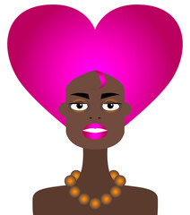 Raster graphics - beautiful young dark-skinned supermodel with beautiful makeup and abstract pink hairstyle in the shape of a heart isolated