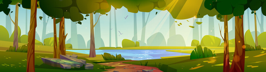 Summer forest landscape with lake on glade, trees and path. Vector cartoon illustration of nature panorama with pond, green grass and bushes on shore, stones and sunlight rays © klyaksun