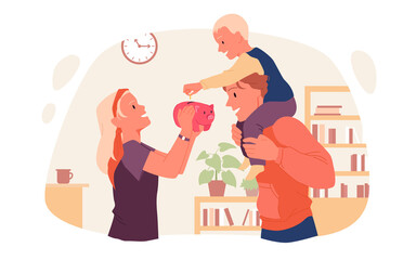 Family people teach kid to save money. Cartoon mother holding piggy bank in hands, son sitting on fathers shoulders, child putting coin in pink toy pig in home interior flat vector illustration