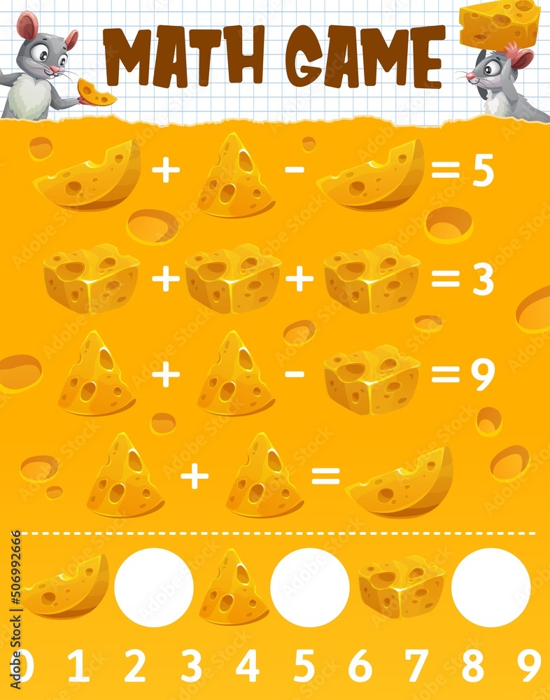 Poster cartoon maasdam cheese, mouse and rats characters math game worksheet. vector riddle for kids additi