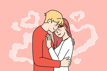 Happy young couple hugging cuddling on heart symbol background. Smiling man and woman embrace share intimate close tender moment together. Love and relationship. Vector illustration. 