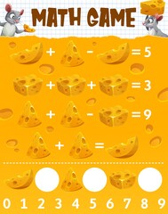 Cartoon maasdam cheese, mouse and rats characters math game worksheet. Vector riddle for kids addition and subtraction skills development. Education mathematics maze puzzle with funny mice playing