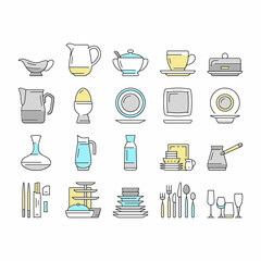 Tableware For Banquet Or Dinner Icons Set Vector