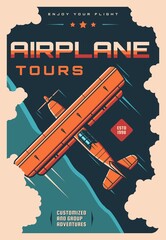 Airplane travel tours vintage poster with vector retro plane, biplane or monoplane flying in sky with clouds. Old fixed wing aircraft or classic propeller engine show, air travel or aviation adventure © Vector Tradition