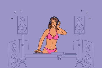 Sexy woman DJ in bikini play music