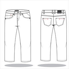 Denim Pant flat sketch design template. Men’s denim long pant Technical Fashion Illustration. Denim Pant technical sketch for tech pack design Front and Back View Vector