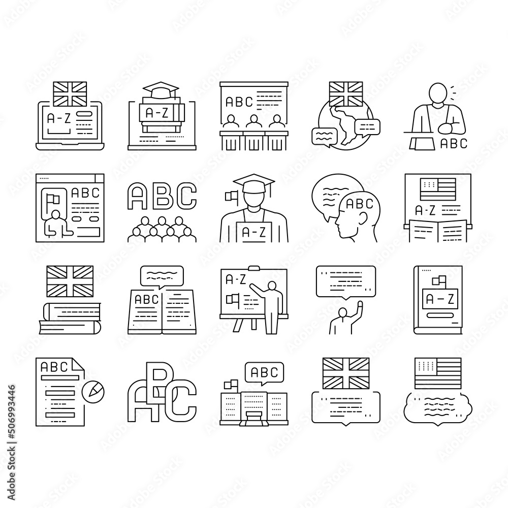 Poster english language learn at school icons set vector