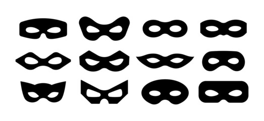 Mask superhero carnival or scammer villain vector icon set. Black masquerade costume eye mask silhouette hidden burgar face. Simple design incognito theatre party masque shape clip art illustration. © Irina