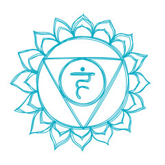 Vishuddha chakra. Pencil drawing. Hand drawn vector art. Om sign. Blue circle. Sacral icon. Meditation