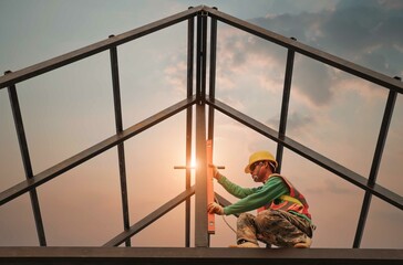 Construction workers wear safety belts during work on building roof structure at construction site