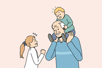 Happy mature grey-haired grandfather playing with small grandchildren. Loving grandpa have fun enjoy playful activity or game with little grandkids. Family bond. Vector illustration. 