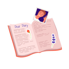 Open paper notebook with notes and Dear Diary phrase, top view vector illustration. Cartoon pink girly notepad, dry flowers on pages and photo of boy isolated on white. Diary, scrapbook concept