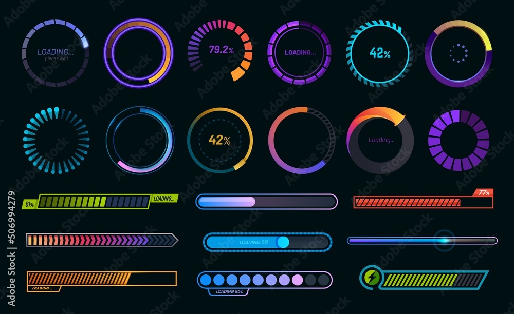 Aufkleber Loading progress bars, load or download and upload web icons, vector round graphs. Circle loaders and speed, status or loader percentage progress bars for website or internet page in neon gradient