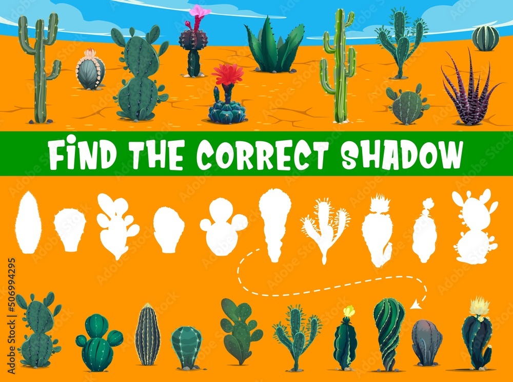 Poster find the correct desert cactus shadow. kids game worksheet. kindergarten children educational vector