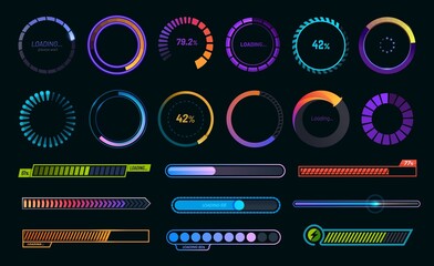 Loading progress bars, load or download and upload web icons, vector round graphs. Circle loaders and speed, status or loader percentage progress bars for website or internet page in neon gradient - obrazy, fototapety, plakaty