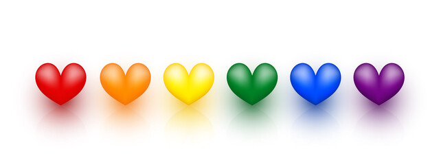 Set of colorful hearts 3d shapes with Red, Orange, Yellow, Green, Blue, and Purple. Love icon. Vector illustration.