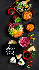 Obraz na płótnie Canvas Assortment of Korean food on dark background.