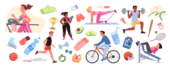 Foto op Canvas Sport workout set vector illustration. Cartoon people in sportswear training in gym, collection of fitness equipment and accessories for exercises, diet and vitamin supplements isolated on white © Natalia