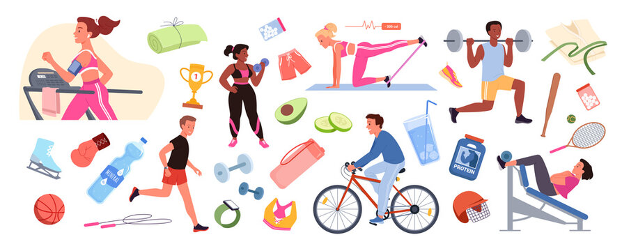 Sport workout set vector illustration. Cartoon people in sportswear training in gym, collection of fitness equipment and accessories for exercises, diet and vitamin supplements isolated on white