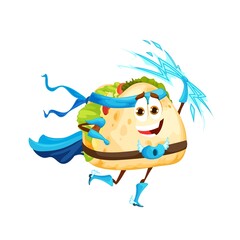 Cartoon tacos superhero character with thunderbolts in hand. Funny vector powerful super hero tex mex personage in cape, boots, gloves and bandana holding blue lightnings, isolated fairy tale food