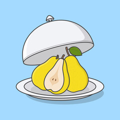 Opened Restaurant Cloche With Pear Cartoon Vector Illustration. Fresh Pear Fruit Flat Icon Outline
