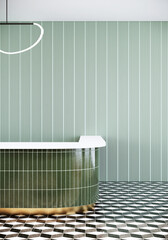 Modern classic empty green room with counter table, room interior design, lobby hotel ideas, 3D rendering