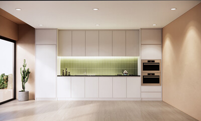 japandi modern scandinavian style room, apartment interior design with kitchen ideas, 3d background	