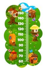 Kids height chart ruler cartoon elf village with fairy houses. Vector growth meter scale with nest, pine cone, tree, carrot, snail shell and acorn fantasy dwellings in forest or garden stadiometer