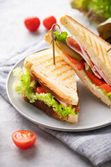 Club sandwich on a plate of ham cheese, cucumber, tomato and lettuce leaves close-up on a blue ...