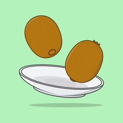 Kiwi On A Plate Cartoon Vector Illustration. Kiwi Fruit Flat Icon Outline