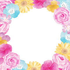 イラスト素材：水彩絵の具で手描きした華やかでカラフルなリース　正方形
