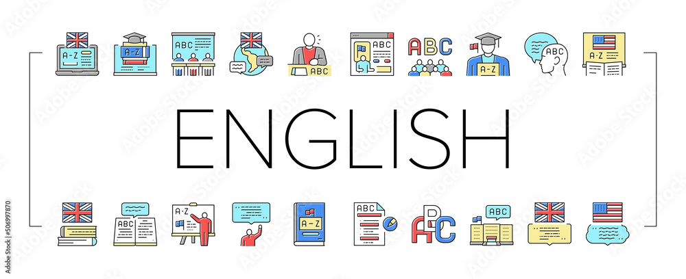 Aufkleber english language learn at school icons set vector