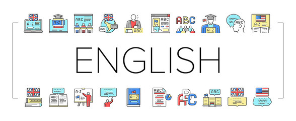 English Language Learn At School Icons Set Vector