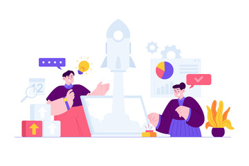 Start up concept vector Illustration idea for landing page template, Project launch with entrepreneur innovative idea, start and beginning of work process development growth, Hand drawn Flat Style