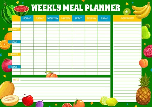 Weekly meal planner with tropical fruits. Vector timetable, week food plan organizer. Calendar menu for breakfast, lunch, dinner or snack with watermelon, orange, apple and garnet, melon, banana, pear - Powered by Adobe