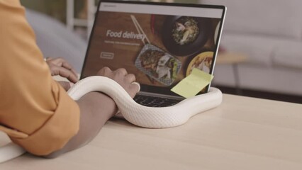 Rear view of young African American woman in gold silk blouse with white rat snake crawling on her arm ordering food via laptop, sitting at desk at home