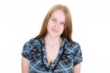 cheerful young woman portrait of girl long hair blonde and blue eyes on white background